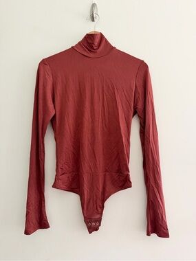 Johanna Ortiz Designer Solo Trip Bodysuit Long-Sleeve Turtleneck Rust Keyhole XS